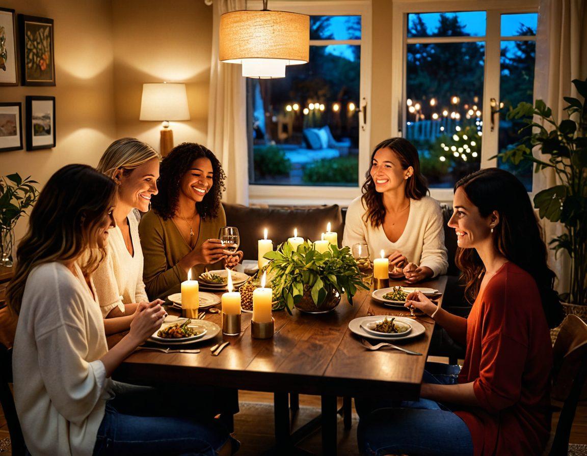 A warm, inviting scene of a cozy gathering in a beautifully decorated living room. Friends are laughing and engaging in deep conversations around a candlelit table filled with delicious food and drinks. Subtle golden lighting highlights the joy on their faces, creating an atmosphere of intimacy and connection. In the background, soft decorative elements like plants and artwork enhance the community vibe. super-realistic. warm colors. soft focus.