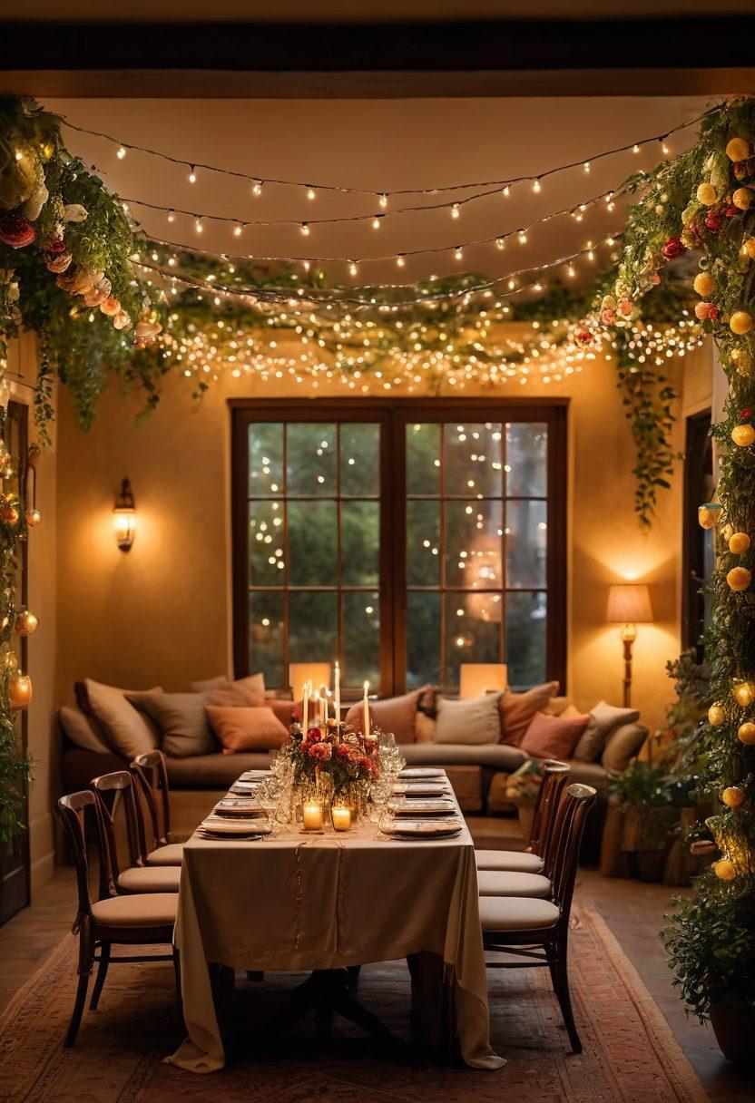 A vibrant scene depicting a warmly-lit gathering of diverse individuals in a cozy, elegant space, sharing laughter and heartfelt connections. In the background, soft glimmers of candlelight create an inviting atmosphere, while small groups engage in deep conversations, hinting at exclusive romantic moments. Include elements like floral decorations and twinkling fairy lights to enhance intimacy. super-realistic. warm tones. soft focus.