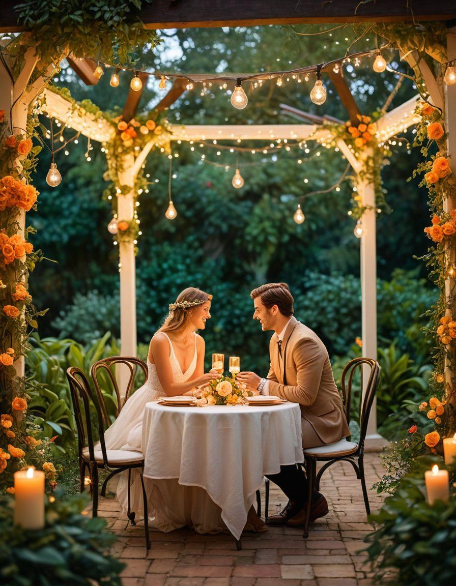 A romantic outdoor setting under twinkling fairy lights, featuring a beautifully set table for two adorned with flowers and candles. In the background, a couple sharing a laugh, surrounded by lush greenery and soft, dreamy bokeh lights. A warm sunset casting a golden hue over the scene, evoking a sense of intimacy and connection. watercolor painting. warm colors. inviting atmosphere.